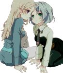  black_legwear blonde_hair blue_eyes blush eila_ilmatar_juutilainen eye_contact forehead-to-forehead forehead_to_forehead green_eyes hloox long_hair looking_at_another military military_uniform multiple_girls necktie pantyhose pouch sanya_v_litvyak short_hair silver_hair sitting smile strike_witches uniform white_legwear yuri 