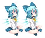  alternate_costume bad_id blue_eyes blue_hair bow cirno dual_persona hair_bow indian_style kiira multiple_persona panties school_uniform short_hair sitting smirk solo stereogram touhou underwear v_arms wings 