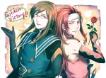  brown_hair coat english flower glasses gloves headband highres jade_curtiss jarako_(gaillardia) long_hair male multiple_boys red_eyes red_hair red_rose redhead rose speech_bubble tales_of_(series) tales_of_symphonia tales_of_the_abyss wink zelos_wilder 