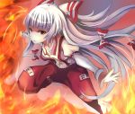  1girl bow fire fujiwara_no_mokou grasspainter hair_bow highres lips long_hair outstretched_arms red_eyes silver_hair solo touhou very_long_hair 