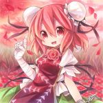  bandage bandages bun_cover chain chains chinese_clothes cuffs double_bun flower hair_bun highres ibara_kasen ibaraki_kasen kagami_leo open_mouth petals pink_eyes pink_hair pink_rose pointing puffy_sleeves red_eyes rose shackle short_hair smile solo touhou traditional_media 