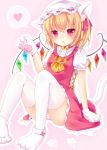  1girl amashiro_natsuki animal_ears ascot blonde_hair blush cat_ears cat_tail dress flandre_scarlet gloves hat hat_ribbon heart looking_at_viewer mob_cap open_mouth panties paw_gloves paw_shoes pink_background puffy_short_sleeves puffy_sleeves red_eyes ribbon short_hair short_sleeves simple_background sitting solo spoken_heart tail thigh-highs touhou underwear wings 