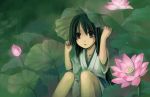  black_hair flower green japanese_clothes leaf leaf_umbrella long_hair lotus mou-s nature original rain short_sleeves sitting solo water_drop 