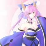  ao_(daisuki) bad_id bow breasts caster_(fate/extra) cleavage detached_sleeves dress fate/extra fate/stay_night fate_(series) fox_ears hair_bow pink_hair smile twintails yellow_eyes 