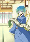  blue_hair hair_ornament hairpin indoors japanese_clothes kimono kmsuzu original scroll short_hair smile solo yukata 