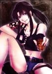  alcohol bare_legs bare_shoulders belt black_lagoon brown_eyes brown_hair collarbone cutoffs denim denim_shorts fingerless_gloves foreshortening gloves highres long_hair looking_at_viewer midriff moriririnn navel outstretched_arm payot ponytail revy shorts sitting solo tank_top tattoo tongue unbuttoned whiskey 