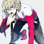  bad_id barnaby_brooks_jr belt blonde_hair blue_eyes boots glasses jacket kneeling male necktie red_jacket solo tiger_&amp;_bunny yasuhiro 