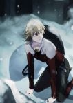  barnaby_brooks_jr belt blonde_hair boots glasses grave green_eyes highres jacket jewelry kneeling male necklace red_jacket shadow snow snowing spoilers studded_belt tiger_&amp;_bunny umbrella 