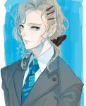  blue_eyes bow formal hair_bow hair_ornament hairclip kintototo long_hair male necktie pale_skin ponytail silver_hair solo suit tiger_&amp;_bunny yuri_petrov 