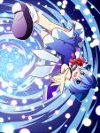  blue_eyes blue_hair bow cirno dress gojuuroku hair_bow open_mouth outstretched_hand perspective smile spiral spiral_background touhou wings 