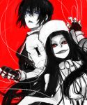  black_hair blue_eyes duthcjs fingerless_gloves fur_hat garrote genderswap girlycard gloves hat hellsing hellsing:_the_dawn red_background red_eyes spot_color vampire vest walter walter_c_dornez young 