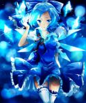  adult artist_request blue_dress blue_eyes blue_hair bow breasts cirno dress erect_nipples frills hair_bow hair_ribbon hands highres ice ice_wings looking_at_viewer negiko panties pantyshot_(standing) ribbon short_hair skirt solo standing thigh-highs thighhighs touhou underwear white_legwear white_panties wings zettai_ryouiki 