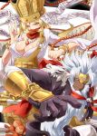  1girl arai_nobu armor beads beard blonde_hair bracelet breasts chain chains circlet cleavage crown dark_skin digimon facial_hair gloves gokuwmon jewelry large_breasts long_hair necklace no_bra prayer_beads red_eyes sanzomon scarf silver_hair stuffed_animal stuffed_toy yellow_eyes 