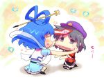  beret black_hair blue_dress blue_eyes blue_hair blush cheek_pull chibi dress feng_shui hair_rings hair_stick hat husui_parashi jiangshi kaku_seiga kneeling miyako_yoshika multiple_girls ofuda open_mouth outstretched_arms shawl shirt sitting skirt smile touhou vest zombie_pose 