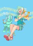  aqua_background aqua_hair bare_shoulders choker closed_eyes earrings eyes_closed female gomigomipomi hairband jewelry lyra_(my_little_pony) lyre multicolored_hair musical_note my_little_pony my_little_pony_friendship_is_magic open_mouth personification ribbon sandals shorts staff_(music) treble_clef unicorn 
