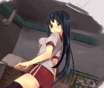  1girl ass ball black_hair blush brown_eyes buruma cherudo copyright_request gym_storeroom hands long_hair soccer_ball solo thigh-highs thighhighs vaulting_horse 