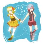  2girls alternate_costume blonde_hair blue_eyes byouna hat highres kairi kingdom_hearts multiple_girls namine red_hair redhead striped striped_legwear thigh-highs thighhighs white_legwear wristband 