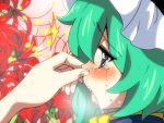  blue_eyes blush drooling eromame face flower green_hair hat heavy_breathing nose_pinch open_mouth saliva shikieiki_yamaxanadu short_hair spider_lily tears tongue tongue_out touhou 
