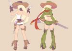  2girls bikini_top blonde_hair boots breasts chaps cowboy_hat dress fingerless_gloves from_behind full_body gun hat holster jacket long_hair looking_back multiple_girls nagisa_kurousagi original pink_eyes red_eyes rifle scarf short_shorts shorts simple_background weapon 