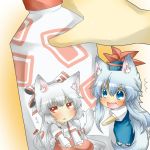  animal_ears blue_eyes blue_hair blush bottle bow chibi dog_ears dog_tail dress_shirt fang fujiwara_no_mokou hair_bow hands hat kamishirasawa_keine kemonomimi_mode multiple_girls rebecca_(keinelove) rebecca_(naononakukoroni) red_eyes shirt suspenders tail touhou white_hair 