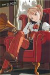  belt blonde_hair boots chair corset cowboy_boots crossed_legs deus_ex_machina green_eyes gun hand_on_chin hand_to_chin highres karasuma_wataru legs_crossed machina_(deus_ex_machina) phonograph rifle scan scan_artifacts sitting smirk solo spurs thighhighs tree twintails weapon window 