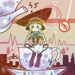  alternate_costume boots bow cup green_eyes green_hair hat heart highres in_container in_cup komeiji_koishi minigirl ringetsumon smile solo symbol-shaped_pupils third_eye touhou 