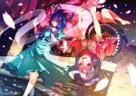  barefoot blue_dress blue_eyes blue_hair cherry_blossoms chinese_clothes dress hair_ribbon hair_rings hair_stick hairpin hat jiangshi kaku_seiga miyako_yoshika multiple_girls ofuda outstretched_arms petals ribbon ryosios shawl short_hair skirt smile touhou upside-down zombie_pose 