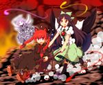  animal_ears black_hair boots bow braid cape carrying cat_ears cat_tail dress hair_bow kaenbyou_rin long_hair mismatched_footwear multiple_girls multiple_tails open_mouth red_eyes red_hair redhead reiuji_utsuho role_reversal running scared skirt skull smile sweatdrop tail third_eye tongue touhou tsurukou_(tksymkw) twin_braids wheelbarrow wings zombie_fairy 