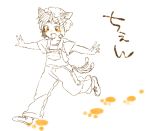  alternate_costume animal_ears cat_ears chen contemporary footprints hat meeko monochrome multiple_tails open_mouth outstretched_arms overalls paw_print running smile solo spot_color spread_arms suspenders tail touhou 