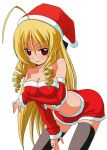  1girl absurdres ahoge bare_shoulders black_legwear blonde_hair breast_hold breasts christmas cleavage drill_hair hayate_no_gotoku! highres long_hair red_eyes santa_costume simple_background smile tennousu_athena tennousu_athene thigh-highs thighhighs transparent_background twin_drills vector_trace white_background zettai_ryouiki 