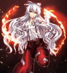  asu_hare bow fire fujiwara_no_mokou grin hair_bow highres long_hair looking_at_viewer magic pants red_eyes ribbon silver_hair smile solo standing_on_one_leg suspenders touhou very_long_hair 