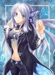  blue_eyes blue_hair butterfly butterfly_hair_ornament coat eyeshadow hair_ornament highres king_of_fighters king_of_fighters_maximum_impact lipstick long_hair luise_meyrink makeup midriff puracotte smile snk solo 