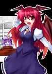  :&lt; :d arm_behind_head arm_garter bad_id bat_wings book bookshelf breasts chibi crescent dress_shirt hair_wings hat head_wings koakuma long_hair multiple_girls necktie open_mouth patchouli_knowledge pen purple_eyes purple_hair red_eyes red_hair redhead shirt skirt smile the_embodiment_of_scarlet_devil touhou vest violet_eyes wings yanagi_ryou 