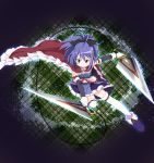  armband bad_id belt blue_eyes blue_hair bow cape chain chains dual_wielding fusion gloves hair_bow hair_ornament hairclip heterochromia highres if_they_mated magical_girl mahou_shoujo_madoka_magica midriff miki_sayaka plaid pocky ponytail red_eyes sakura_kyouko smile sword thigh-highs thighhighs weapon 