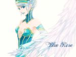  bare_shoulders blue_eyes blue_hair blue_rose_(tiger_&amp;_bunny) breasts character_name cleavage earrings elbow_gloves gloves hat jewelry karina_lyle lipstick makeup munya short_hair solo superhero tiger_&amp;_bunny wings 