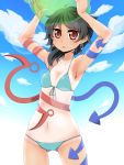  arms_up ball beachball bikini black_hair earrings highres houjuu_nue jewelry murasa_minamitsu red_eyes short_hair swimsuit tan tanline tentacle tentacles touhou tsumidango wings 