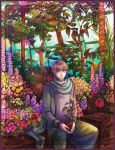  axis_powers_hetalia blonde_hair blush flower garden greenhouse highres looking_at_viewer male military military_uniform pants plant potted_plant purple_eyes russia_(hetalia) scarf scenery smile solo tobari_yayoi tree uniform violet_eyes 