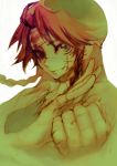  antenna_hair bandage bandages bandaid blood braid clenched_hand fighting_stance fingernails fist foreshortening hat highres hong_meiling injury long_hair portrait red red_hair redhead rough simple_background smile solo star tima touhou twin_braids 