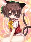  animal_ears bad_id brown_eyes brown_hair cat_ears cat_tail chen emia hat jewelry multiple_tails no_pants panties short_hair single_earring solo tail touhou underwear 