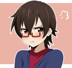  blush brown_eyes brown_hair casual glasses half_rim_glasses highres ikari_manatsu k-on! manabe_nodoka pomf portrait pout red-framed_glasses semi-rimless_glasses short_hair simple_background solo under-rim_glasses 