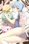  :p ass bad_id blue_eyes blue_hair blush cirno dress food gingami heart highres ice ice_cream legs looking_back nagomi_no_ame open_mouth oversized_object panties short_hair solo striped striped_panties tongue touhou underwear wings 