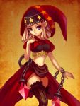  amg192003 blonde_hair chain chains crystal frills hood midriff navel odin_sphere puffy_sleeves purple_eyes short_sleeves solo star thigh-highs thighhighs velvet_(odin_sphere) vertical-striped_legwear vertical_stripes violet_eyes yellow_background zettai_ryouiki 
