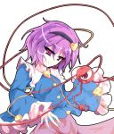  hairband heart komeiji_satori lv21 parody pink_eyes pink_hair short_hair simple_background sleeves_past_wrists smirk style_parody third_eye touhou 