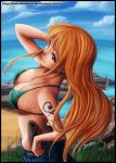  beach bikini breasts cleavage diabolumberto female jeans long_hair map nami one_piece orange_hair red_eyes sideboob solo swimsuit tattoo watermark 