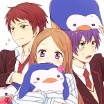  blue_hair book brown_hair fuchi_(coco87) fuchi_(rakugaki-chou) green_eyes long_hair mawaru_penguindrum necktie penguin penguin_1-gou penguin_2-gou penguin_3-gou purple_eyes red_hair redhead school_uniform siblings takakura_himari takakura_kanba takakura_shouma violet_eyes 