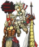  alternate_color barioth_(armor) belt boots capcom character_request creature felyne gauntlets gloves grey_eyes hand_on_head height_difference helmet huge_weapon itouei long_hair male monster_hunter monster_hunter_portable_3rd payot rathalos_(armor) size_difference spiked_hair spiky_hair switch_axe sword weapon white_hair 