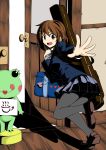  bag blazer bookbag brown_eyes brown_hair door frog guitar_case hair_ornament hairclip hirasawa_yui instrument_case k-on! kyo9999 open_mouth outstretched_arm pantyhose pleated_skirt school_uniform skirt solo 