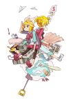  aqua_eyes back-to-back bandaid blonde_hair brother_and_sister bubblegum candy cup fork hair_ornament hair_ribbon hairclip jewelry kagamine_len kagamine_rin leggings map nakajima necklace open_mouth paper_airplane ribbon short_hair shorts shovel siblings sitting toothbrush twins vocaloid worktool 