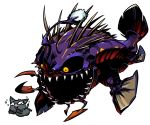  capcom felyne fish gobul melynx monster monster_hunter monster_hunter_3 no_humans open_mouth scared sharp_teeth sido_(slipknot) simple_background size_difference spikes tears white_background yellow_eyes 