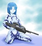  blue_eyes blue_hair censored convenient_censoring cortana gun halo_(game) nude rhaizawa rifle sitting smile weapon 